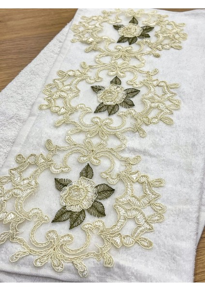 Güpürlü Saten İşleme Desenli Lüks 50x90 El Yüz Havlu Seti 6'lı, krem pudra bej modelleri