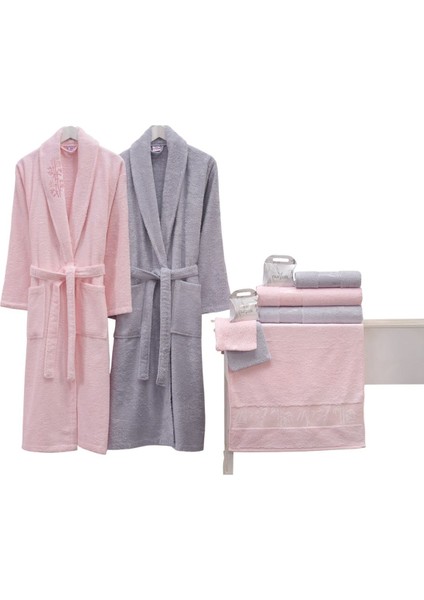 Yumuşak ve şık aile bornoz seti, gri-pudra renk, rahat kullanım, bambu materyal, 10+ parça
