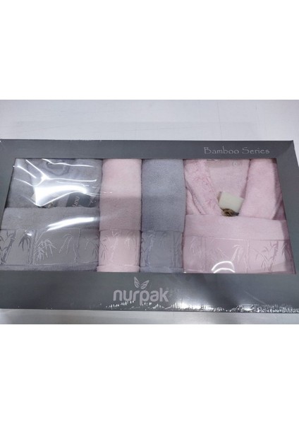 Yumuşak ve şık aile bornoz seti, gri-pudra renk, rahat kullanım, bambu materyal, 10+ parça fiyatları