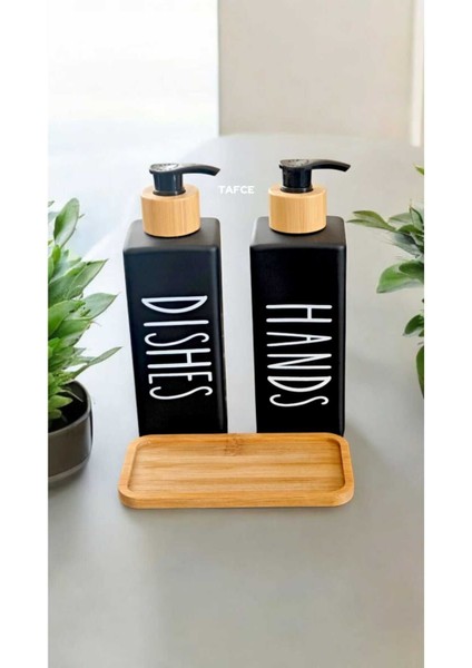 Bambu Standlı Siyah Cam Sıvı Sabunluk Seti, şık ve kullanışlı tasarım, 2'li set