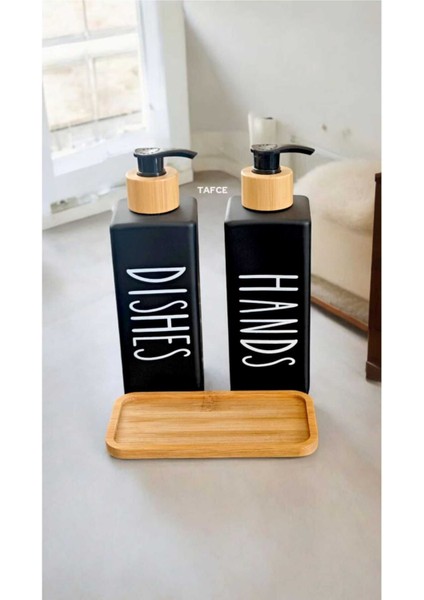 Bambu Standlı Siyah Cam Sıvı Sabunluk Seti, şık ve kullanışlı tasarım, 2'li set