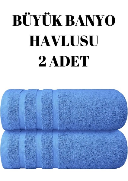 Yumuşak %100 pamuk çizgili büyük boy banyo havlusu seti, mavi renkli, konforlu ve şık