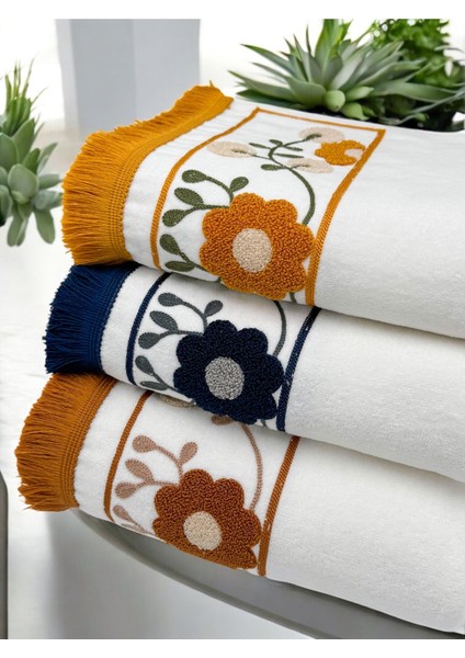 Punch nakışlı saçaklı yüz havlu seti, 3'lü, 50x90, pamuklu, beyaz