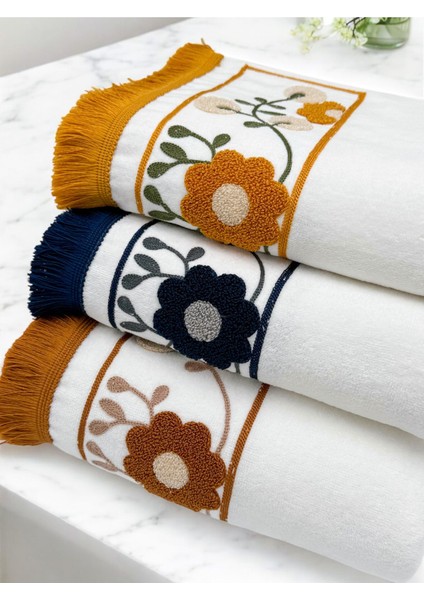 Punch nakışlı saçaklı yüz havlu seti, 3'lü, 50x90, pamuklu, beyaz modelleri