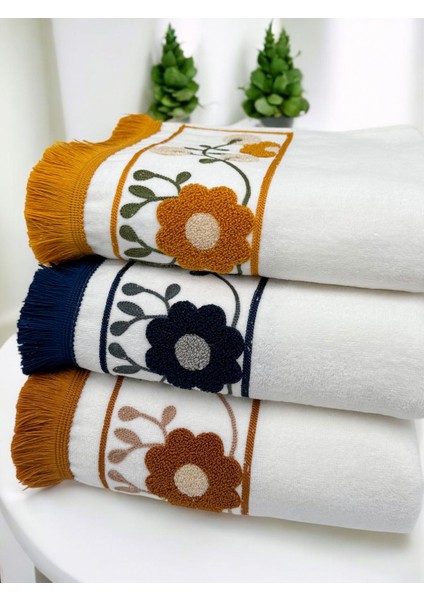 Punch nakışlı saçaklı yüz havlu seti, 3'lü, 50x90, pamuklu, beyaz indirimleri