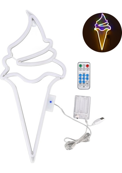 LED Neon Işık Dondurma Su Geçirmez Pil USB Güç Kaynaklı Asılabilir Dekoratif Uzaktan Kumandalı Neon Tabela Ev Partisi Için (Renkli Sıcak Beyaz) (Yurt Dışından)