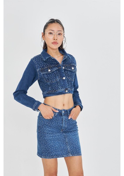 Taş Işlemeli Crop Denim Ceket indirimleri