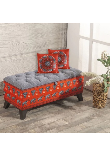 Fil Desenli Kırmızı Sandıklı Puf +2 Kırlent Hediye