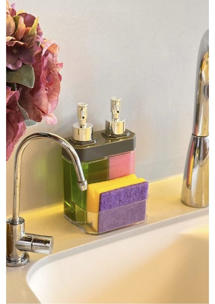 İki Hazneli Akrilik Mutfak Sabun ve Süngerlik, 350 ml, Şık ve Pratik Tasarım, Gri fiyatları