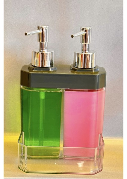 İki Hazneli Akrilik Mutfak Sabun ve Süngerlik, 350 ml, Şık ve Pratik Tasarım, Gri indirimleri