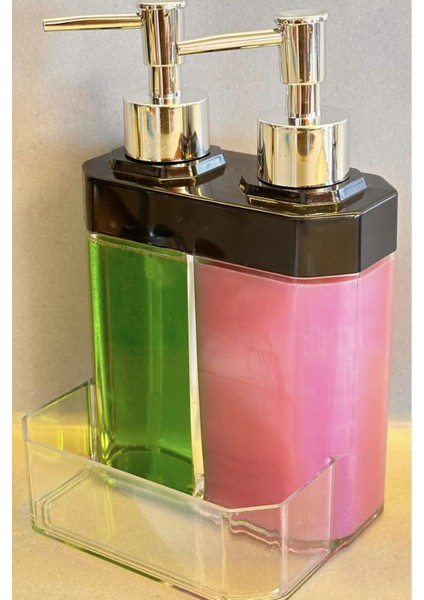 İki Hazneli Akrilik Mutfak Sabun ve Süngerlik, 350 ml, Şık ve Pratik Tasarım, Gri