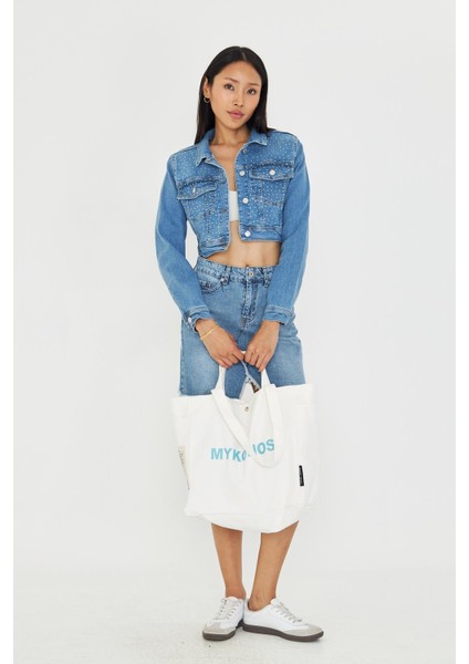 Taş Işlemeli Crop Denim Ceket