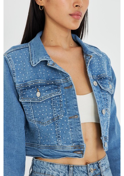 Taş Işlemeli Crop Denim Ceket