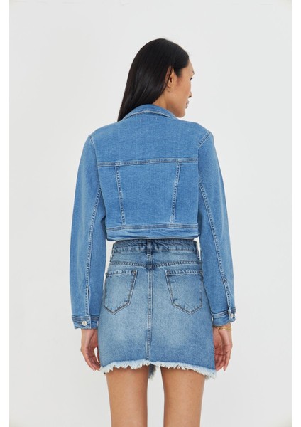 Taş Işlemeli Crop Denim Ceket