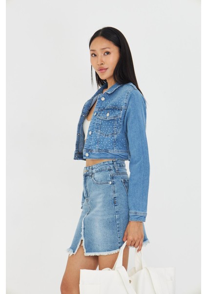 Taş Işlemeli Crop Denim Ceket