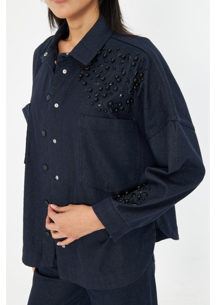 Kolları ve Önü Taşlı Denim Gömlek