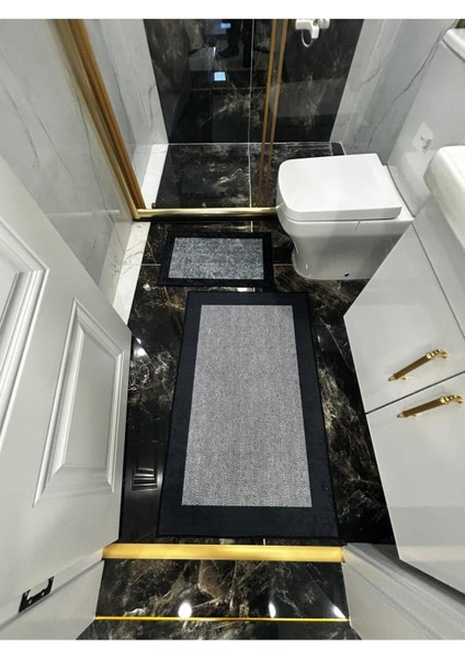 Kaymaz Tabanlı Banyo Paspası 60x100cm Siyah-Gri, Yumuşak Polyester Malzeme