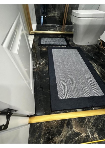 Kaymaz Tabanlı Banyo Paspası 60x100cm Siyah-Gri, Yumuşak Polyester Malzeme