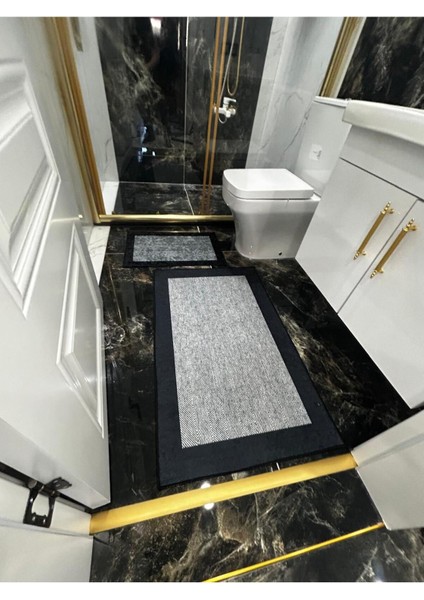 Kaymaz Tabanlı Banyo Paspası 60x100cm Siyah-Gri, Yumuşak Polyester Malzeme