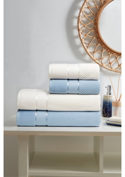 Kadife Havlu Seti, Krem/Mavi, Yumuşak ve Şık Pamuklu Banyo Takımı