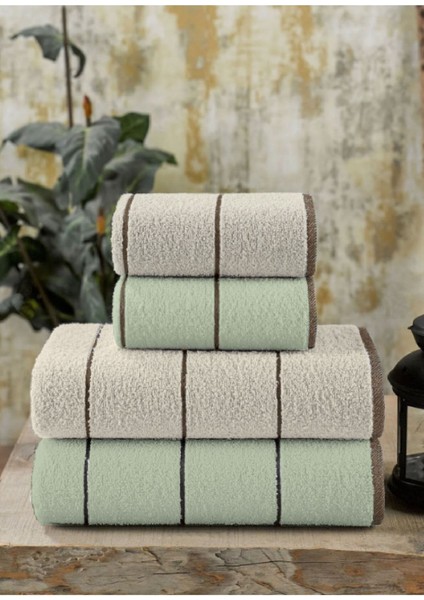 Yeşil ve gri banyo havlu seti, 4'lü, pamuk polyester, 50x85 ve 70x140 cm