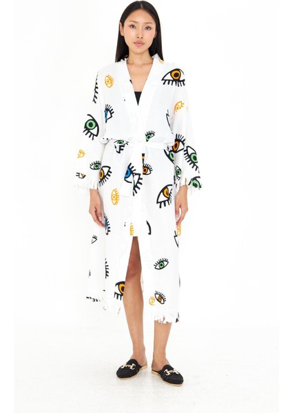 Göz Baskılı Uzun Müslin Kimono