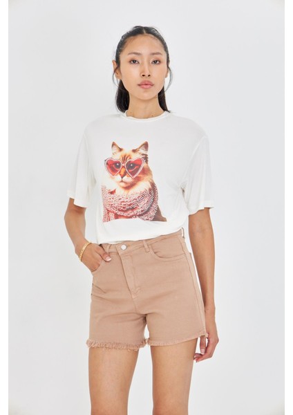 Taşlı Gözlüklü Kedi Baskılı T-Shirt