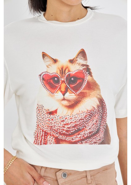 Taşlı Gözlüklü Kedi Baskılı T-Shirt fiyatları
