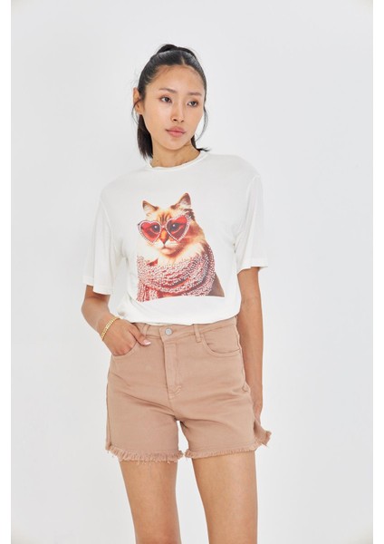 Taşlı Gözlüklü Kedi Baskılı T-Shirt fırsatları