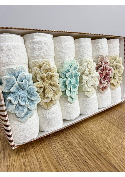 6'lı 3D Çiçek Desenli Yüz Yüz Havlu Seti, Pamuklu, 50x90 cm, Beyaz
