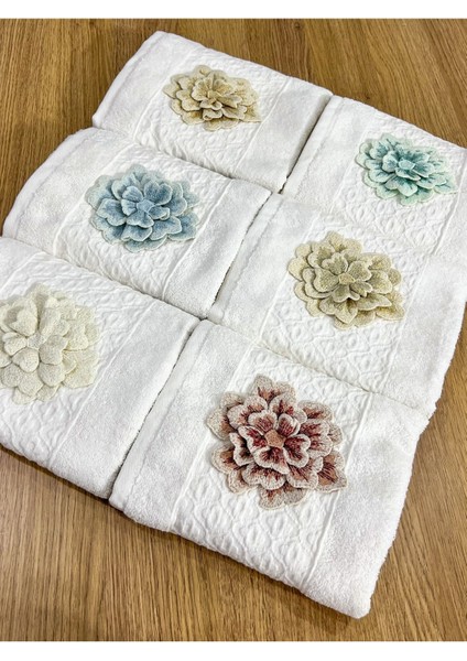 6'lı 3D Çiçek Desenli Yüz Yüz Havlu Seti, Pamuklu, 50x90 cm, Beyaz