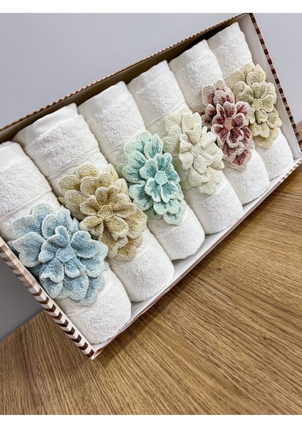6'lı 3D Çiçek Desenli Yüz Yüz Havlu Seti, Pamuklu, 50x90 cm, Beyaz