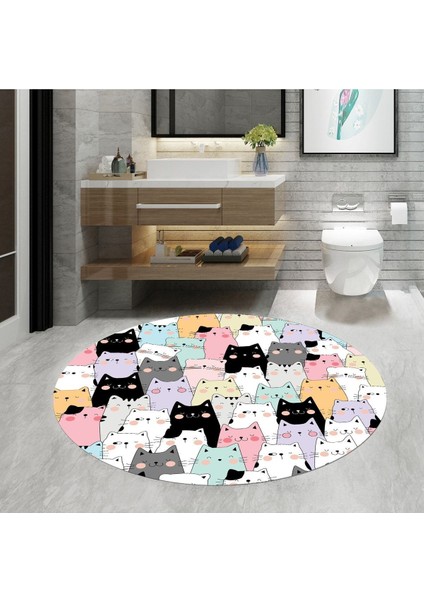 Kedi desenli, yuvarlak banyo paspası, kaymaz taban, 80x80 cm, polyester, beyaz renk