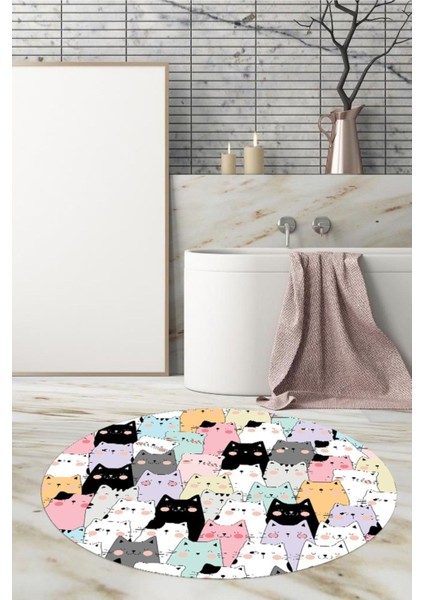 Kedi desenli, yuvarlak banyo paspası, kaymaz taban, 80x80 cm, polyester, beyaz renk fiyatları
