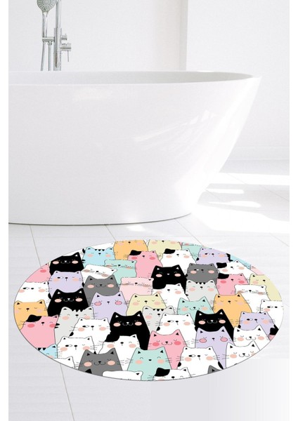 Kedi desenli, yuvarlak banyo paspası, kaymaz taban, 80x80 cm, polyester, beyaz renk modelleri