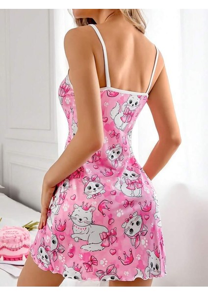 Pembe Kedi Desenli Gecelik