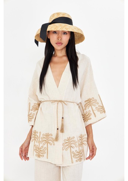 Nakışlı Hasır Kemerli Keten Görünümlü Kimono