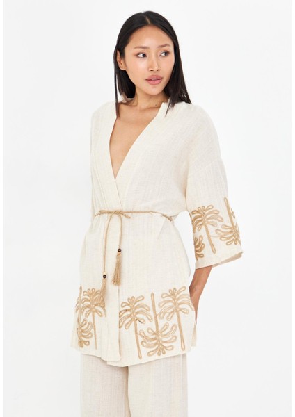 Nakışlı Hasır Kemerli Keten Görünümlü Kimono