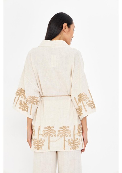 Nakışlı Hasır Kemerli Keten Görünümlü Kimono