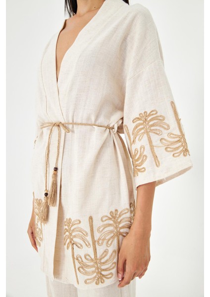 Nakışlı Hasır Kemerli Keten Görünümlü Kimono