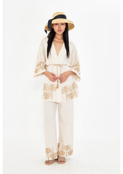 Nakışlı Hasır Kemerli Keten Görünümlü Kimono