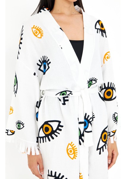 Göz Baskılı Uzun Müslin Kimono