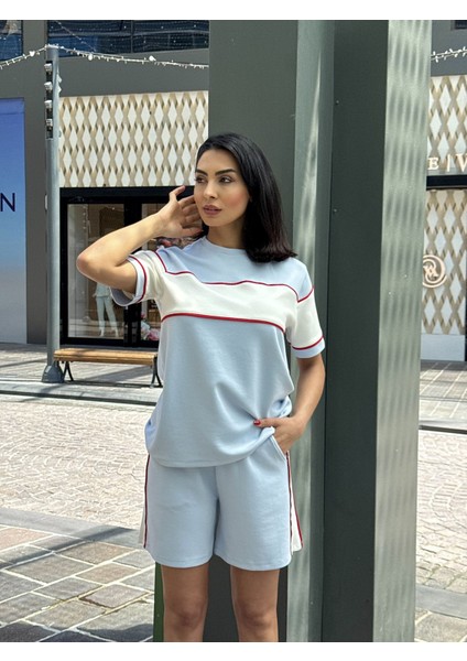 Kadın Kısa Kol Bisiklet Yaka Biye Detaylı Tshirt Şort Modal Kumaş Takım