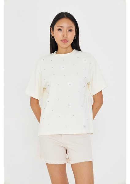 Taşlı Çiçekli Bambu T-Shirt