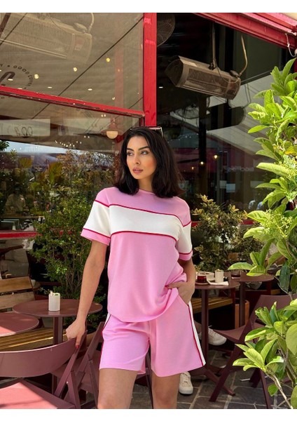 Kadın Kısa Kol Bisiklet Yaka Biye Detaylı Tshirt Şort Modal Kumaş Takım indirimleri