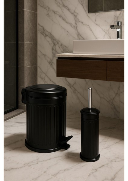 Şık Siyah 2'li Banyo Seti, Paslanmaz Çelik, 5 Litre, Çizgili Tasarım