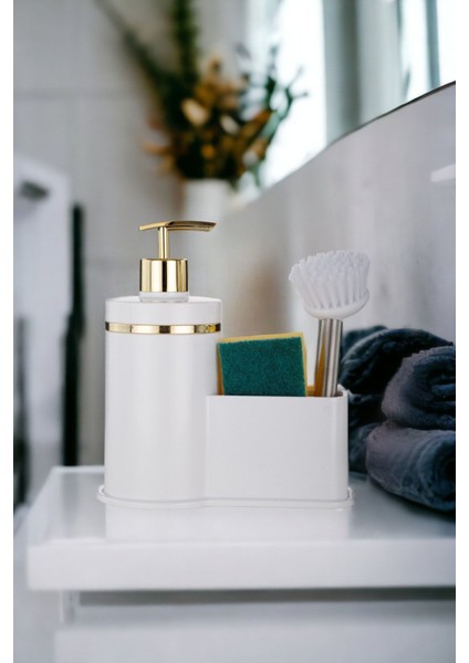 Hazneli Sıvı Sabunluk, Mutfak ve Banyo, Plastik, Beyaz, Gold Detay