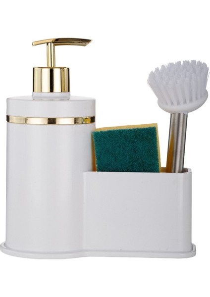 Hazneli Sıvı Sabunluk, Mutfak ve Banyo, Plastik, Beyaz, Gold Detay