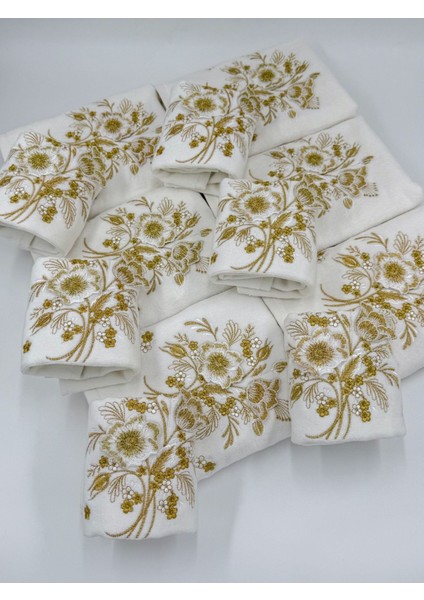 3D Gold Nakışlı Kadife Çeyizlik Havlu Seti 6'lı, 50x90 ve 30x50, yumuşak ve şık tasarım