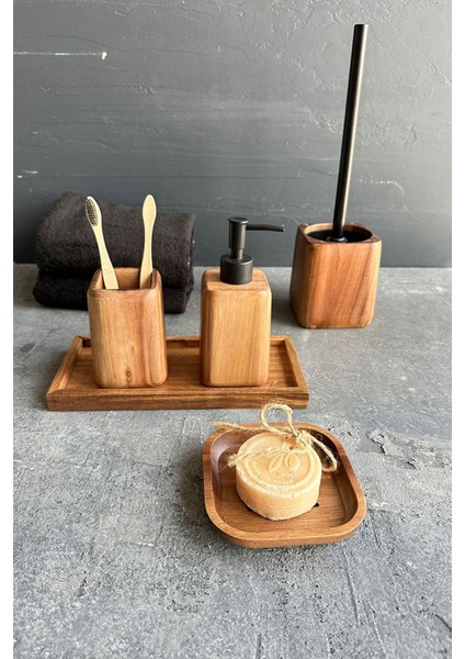 5'li Ahşap Banyo Seti, şık ve kullanışlı tasarım, kahverengi renk
